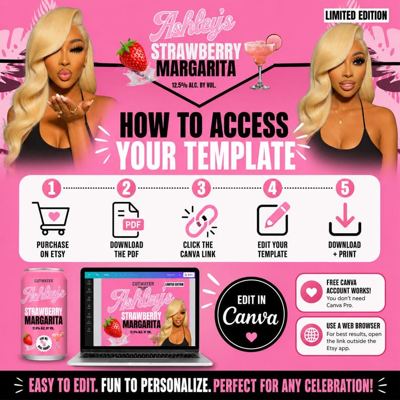 May include: A digital instructional graphic for a customizable Ashley's Strawberry Margarita template. It features a five-step guide to purchase, download, link, edit, and print, alongside a laptop displaying the design and a beverage can.