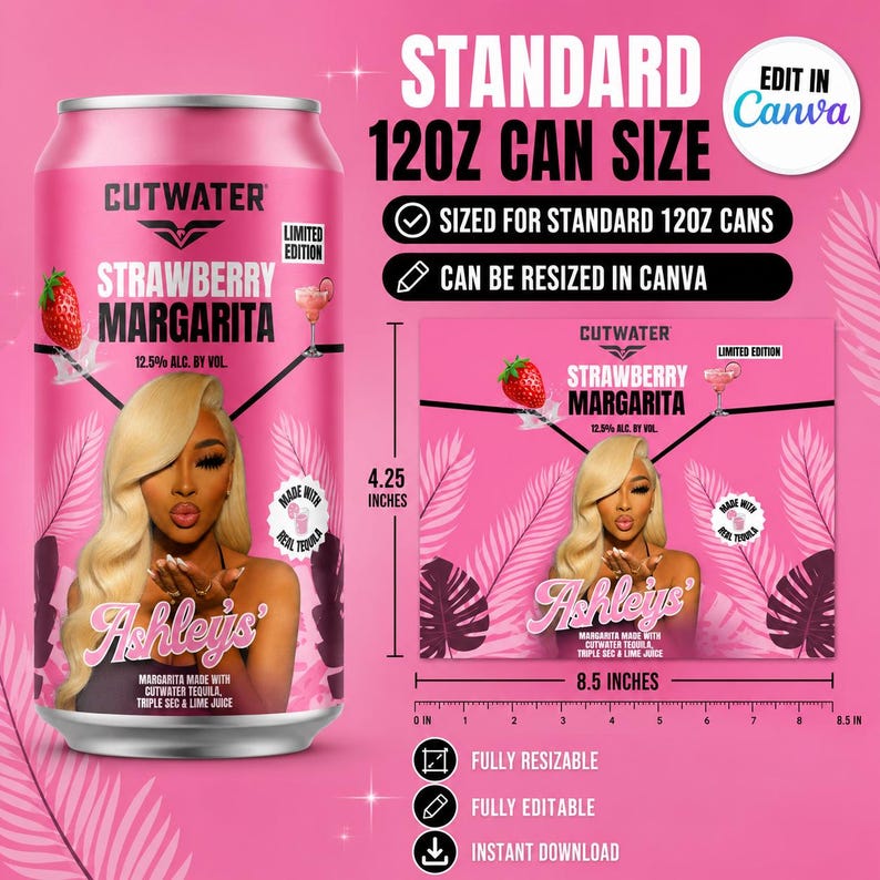 May include: A pink Cutwater Strawberry Margarita can label design measuring 4.25 inches by 8.5 inches. The label features a blonde person, a strawberry, a cocktail glass, and the text Ashley's, Margarita Made With Cutwater Tequila, Triple Sec & Lime Juice.
