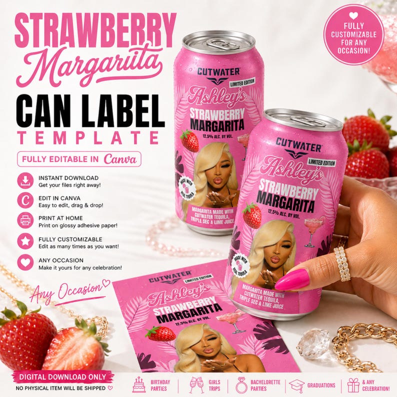 May include: Two pink aluminum beverage cans and a rectangular paper label featuring the text Ashley's Strawberry Margarita, a photograph of a person with blonde hair, strawberry illustrations, and the Cutwater brand logo on a pink background.