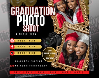 May include: Black promotional graphic for a graduation photo shoot. The text "GRADUATION PHOTO SHOOT" is in large white letters. The image includes photos of graduates in red gowns, a camera, and social media icons.