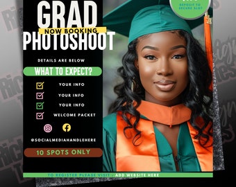 May include: Promotional graphic for a graduation photoshoot. The image features a woman in a graduation cap and gown, with text overlay including "GRAD PHOTOSHOOT" and details about what to expect. The graphic is designed to promote a photography service.