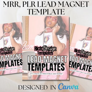 May include: Three pink and white Lead Magnet Templates with a woman wearing pink sunglasses and a white shirt. The templates are labeled "Rich Design Templates" and "Lead Magnet Templates". The text "Designed in Canva" is at the bottom.