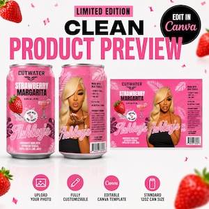 May include: Two pink aluminum beverage cans and a flat label design for Cutwater Strawberry Margarita. The design features a blonde person, a strawberry, a cocktail glass, and the text Ashley's. Includes a barcode and government warning.