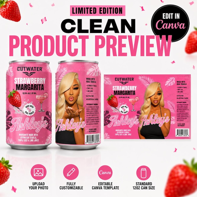 May include: Two pink aluminum beverage cans and a flat label design for Cutwater Strawberry Margarita. The design features a blonde person, a strawberry, a cocktail glass, and the text Ashley's. Includes a barcode and government warning.
