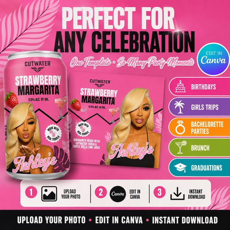 May include: A digital template for a Cutwater Strawberry Margarita can and promotional graphic featuring a person with blonde hair, pink background, and text including Perfect For Any Celebration, Ashley's, and icons for birthdays, trips, and parties.