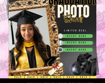 May include: A graduation photo shoot template with a black and gold color scheme. The image features a young person in a graduation gown and cap, framed in an ornate gold frame. Text includes "GRADUATION PHOTO Shoot" and "FULLY EDITABLE TEMPLATE".