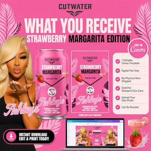 May include: A digital template for a 12oz strawberry margarita can label featuring the Cutwater logo, pink palm leaf graphics, and text including Strawberry Margarita, 12.5% Alc. By Vol., and Ashley's. Includes a Canva edit button.
