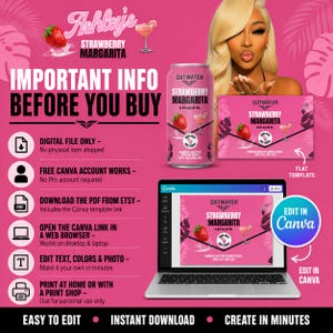 May include: A digital template for a Cutwater Strawberry Margarita can label, featuring a pink background with palm leaf patterns, a strawberry illustration, and a margarita glass. The design includes text for editing in Canva on a laptop screen.