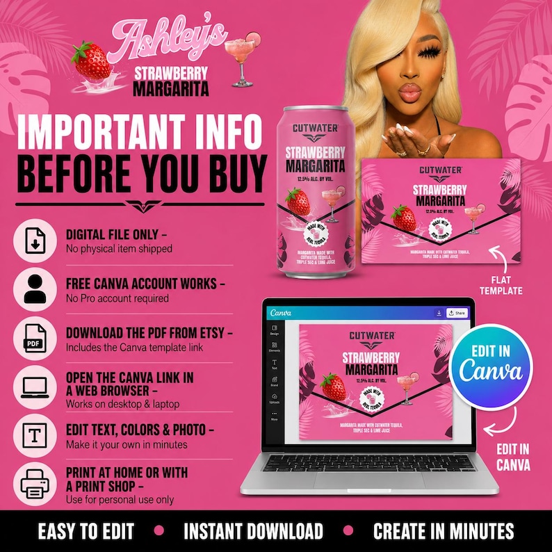 May include: A digital template for a Cutwater Strawberry Margarita can label, featuring a pink background with palm leaf patterns, a strawberry illustration, and a margarita glass. The design includes text for editing in Canva on a laptop screen.