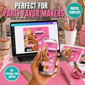 May include: A digital template for a Cutwater Strawberry Margarita can label displayed on a laptop screen and a printed sheet, featuring a person blowing a kiss, pink background, and the text Ashley's. Includes a physical can with the same design.