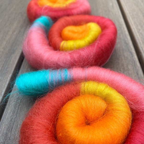 Sunset Pop Small Rolag Set 1 oz of Spinning Fiber In Bright Orange Pink Yellow and Turquoise Colors