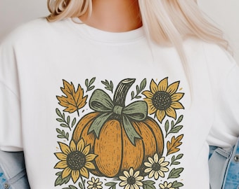 Pumpkin Floral Boho PNG, Rustic style design of pumpkin with bows and sunflowers for digital download