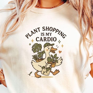 Comprar plantas es mi cardio PNG, diseño de sublimación de un lindo ganso amante de las plantas, clipart de jardinería para camisetas, archivo PNG de planta de interior divertida