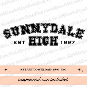 May include: Black and white graphic design featuring the text "SUNNYDALE HIGH EST 1997". The text is in a bold, blocky font style.