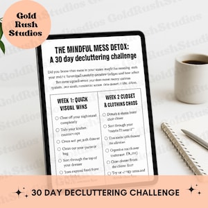 30 dagen opruimuitdaging afdrukbaar, huisorganisatie-tracker, opruimdagboek, minimalistische woonplanner, opruimhacks