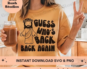 May include: A yellow t-shirt with a black graphic design featuring a cartoon Jesus with the text "Guess Who's Back Back Again".