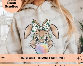 Bunny Coquette PNG, Cute Irish Bunny Easter Coquette png for sublimation, Bunny with shamrock bow, blowing bubble png, bubblegum bunny png