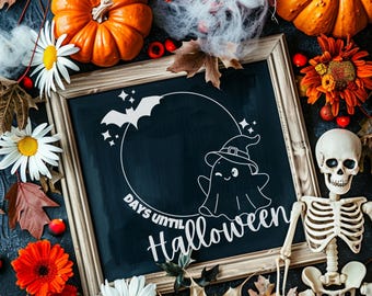May include: A framed chalkboard with a Halloween theme. The chalkboard has a white graphic of a bat, stars, and a ghost wearing a witch hat. The text reads "Days Until Halloween". The image is surrounded by pumpkins, flowers, and a skeleton.