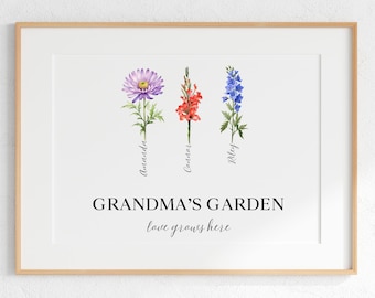 Anpassad konst för mormors trädgård, födelseblomma, present | Personlig blomsterposter med barnbarns namn