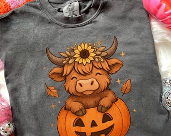 Highland Cow Pumpkin PNG, Trendy Fall Sublimation Design, Sunflower Autumn Cow Lover Digital Download Clipart