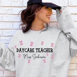Personalized Coquette Easter Bunny Daycare Teacher Sweatshirt, Custom Daycare Teacher Shirt, Early Childhood Toddler Pre k Teacher Tee