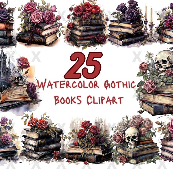 Watercolor Books Gothic Fantasy PNG, Skull Gothic Book Clip Art, Gothic Fantasy Book Art, Book Stack PNG, instant download