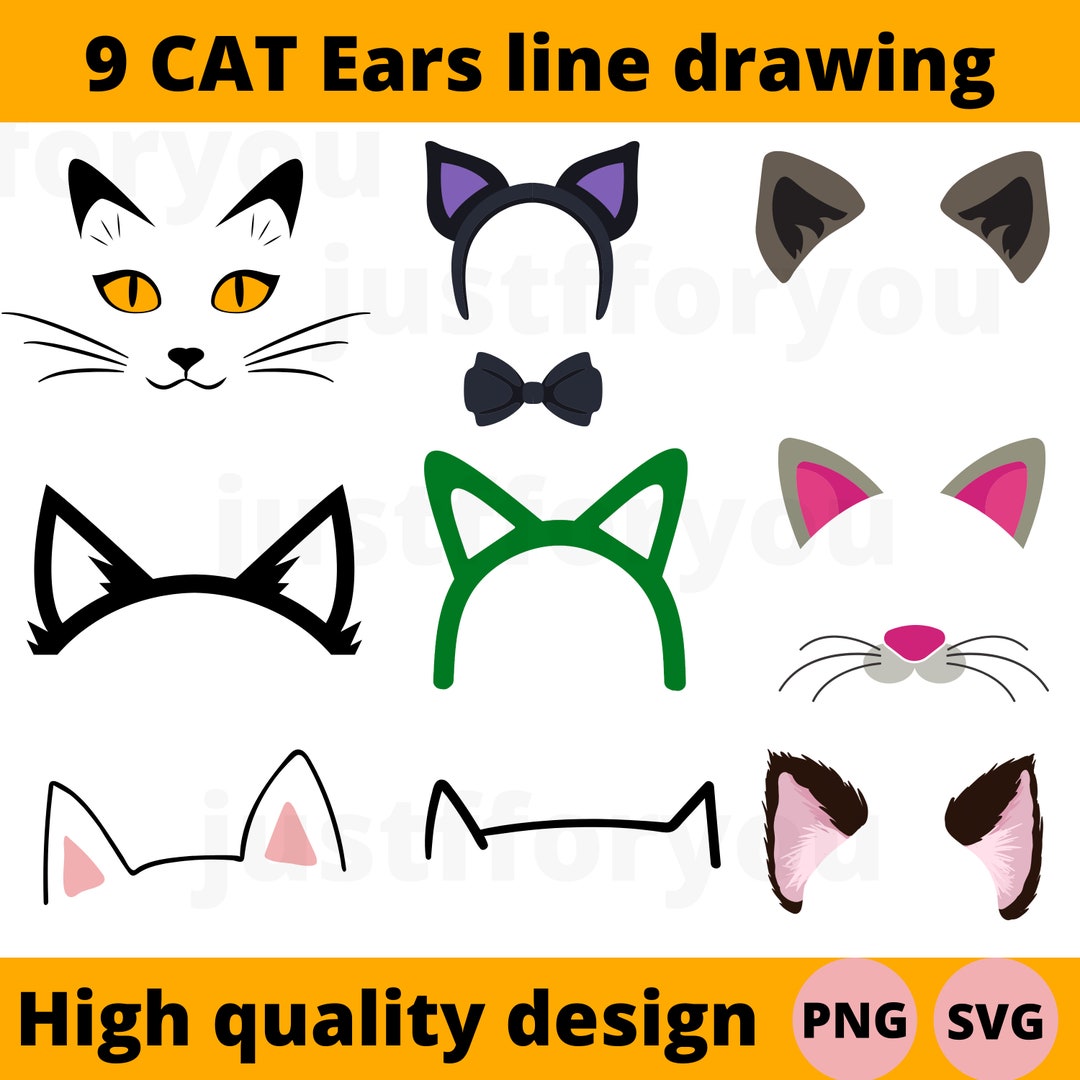 Cat Ears PNG, Cat Ears SVG, Pet Ear Outline Drawing, Cat Ears Bundle