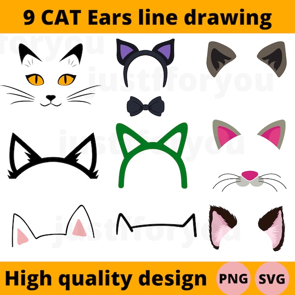 Cat ears PNG, cat ears SVG, Pet Ear Outline Drawing, cat ears bundle svg, cat ears bundle png, cat ear, STICKERS svg