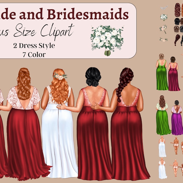Bridesmaids Plus Size, Curvy Bride Clipart Bridesmaid, Wedding Dress Clipart, Best friend clipart, instant digital download