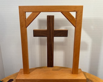 Handcrafted Cherry Walnut Floating Cross Display – Magnetic Suspended Wood Art