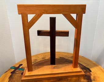 Handcrafted Cherry Walnut Floating Cross Display – Magnetic Suspended Wood Art