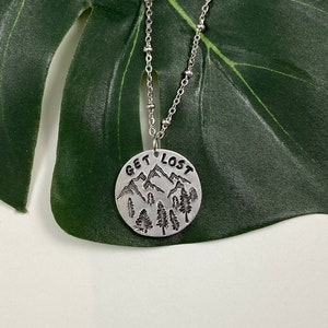 Get Lost, Necklace, Pendant, Hand Stamped Jewelry, Aluminum, Stainless Steel, Silver, Forest, Outdoors, Gift