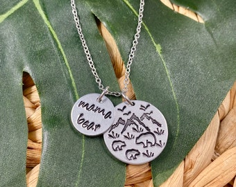 Hand Stamped Mama Bear Necklace: Nature Scene Pendant