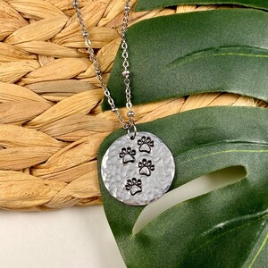 Hand Stamped Paw Print Necklace: Aluminum Pendant, Stainless Steel Chain