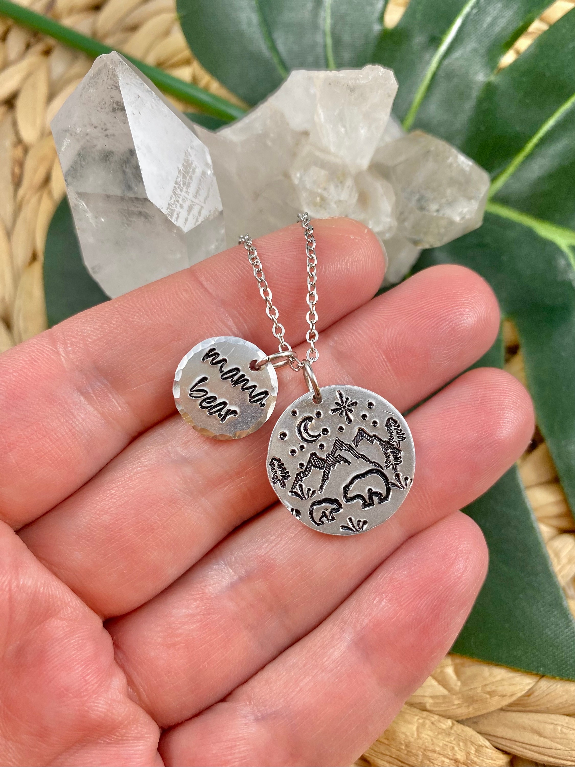 Mama Bear Necklace: Hand Stamped Aluminum Pendant, Stainless Steel