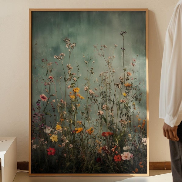 Tela incorniciata con campo di fiori selvatici, stampa botanica vintage, moderna arte murale in stile fattoria