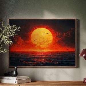 Sunset Over The Ocean, Moody Landscape Print, Minimal Horizontal Wal Art Framed, Bloody Sunset Print