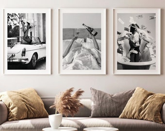 Meisjes willen gewoon plezier hebben - Set van 3 zwart-witte luxe modefotografie posterset, modeposters, luxe autoposter, kunst aan de muur