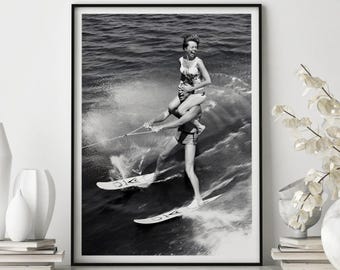 Vintage Waterskiing Poster, Black and White Beach Art Print