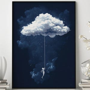 Impresión de nube soñadora, arte del cielo nocturno, decoración caprichosa, impresión surrealista, arte de pared de fantasía, cielo estrellado, arte minimalista