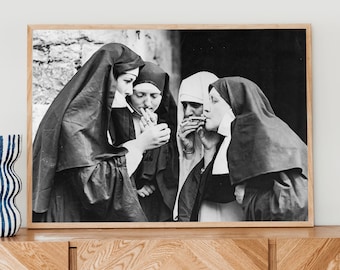 nun smoking a cigarette Nuns Smoking, Smoking Nuns Print, Vintage Wall Art, Funny Wall Art, Black  and White Art, Trendy Prints