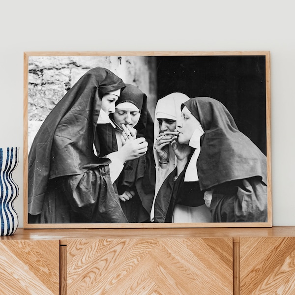 Nuns Smoking,  Smoking Nuns Print, Vintage Wall Art, Funny Wall Art, Black and White Art, Trendy Prints