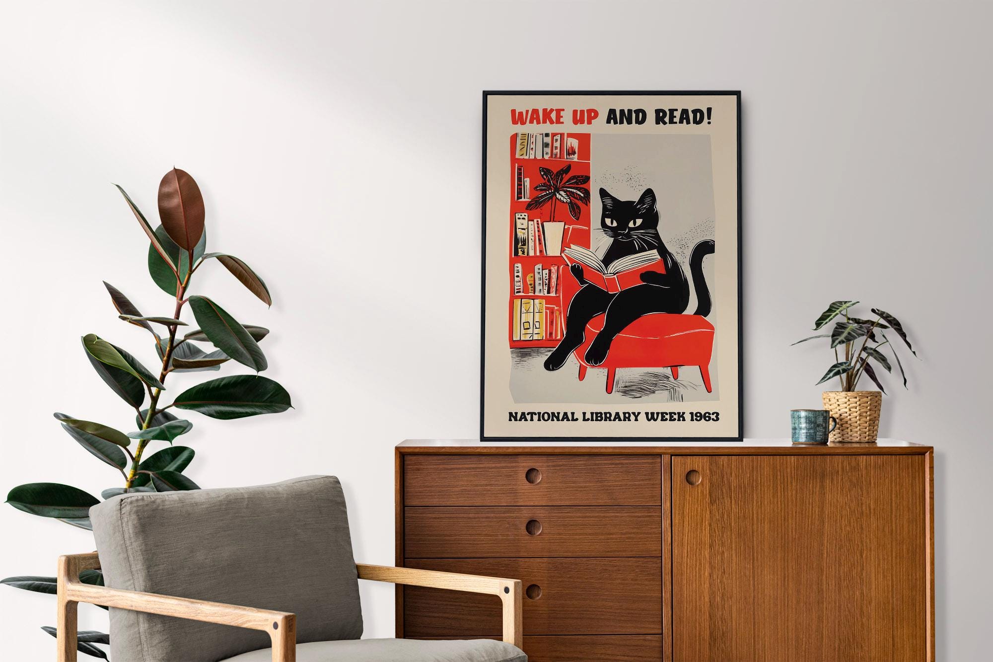 Cat Reading Poster, Wake Up and Read, National Library Wall Art, Cute Cat Print, Wall Decor, Reading Art Print