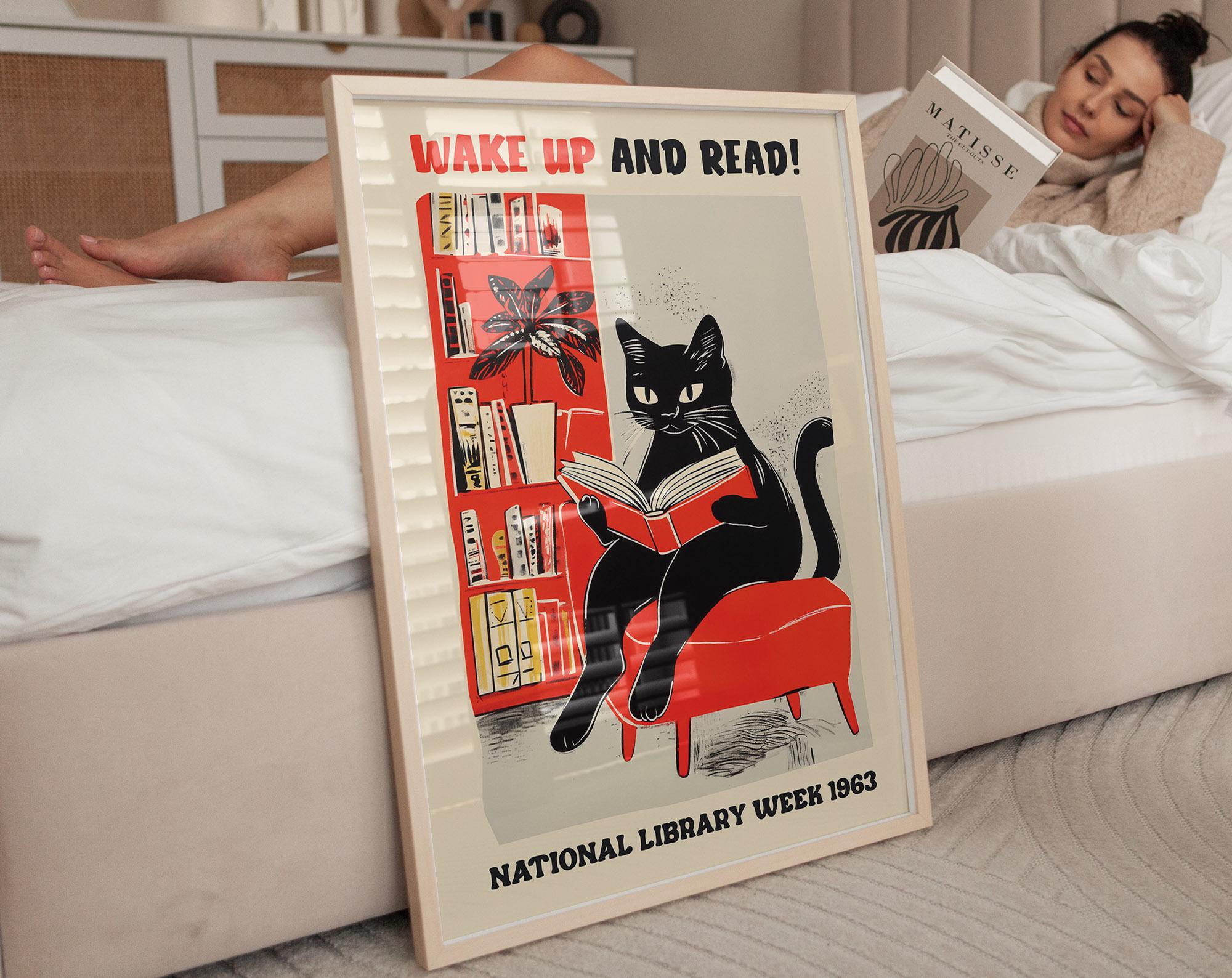 Cat Reading Poster, Wake Up and Read, National Library Wall Art, Cute Cat Print, Wall Decor, Reading Art Print
