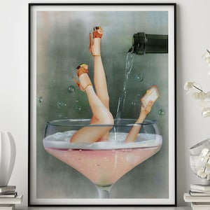Funky Weibliches Champagne Poster, Retro Vintage-Druck, trendige Wandkunst, Vintage Bar Poster, Girly Cocktaildruck, Wohnheimzimmerdekor