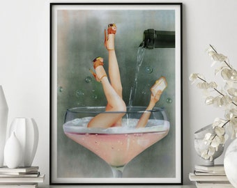 Funky vrouwelijke champagne poster, retro vintage print, trendy kunst aan de muur, vintage bar poster, girly cocktail print, slaapzaal decor