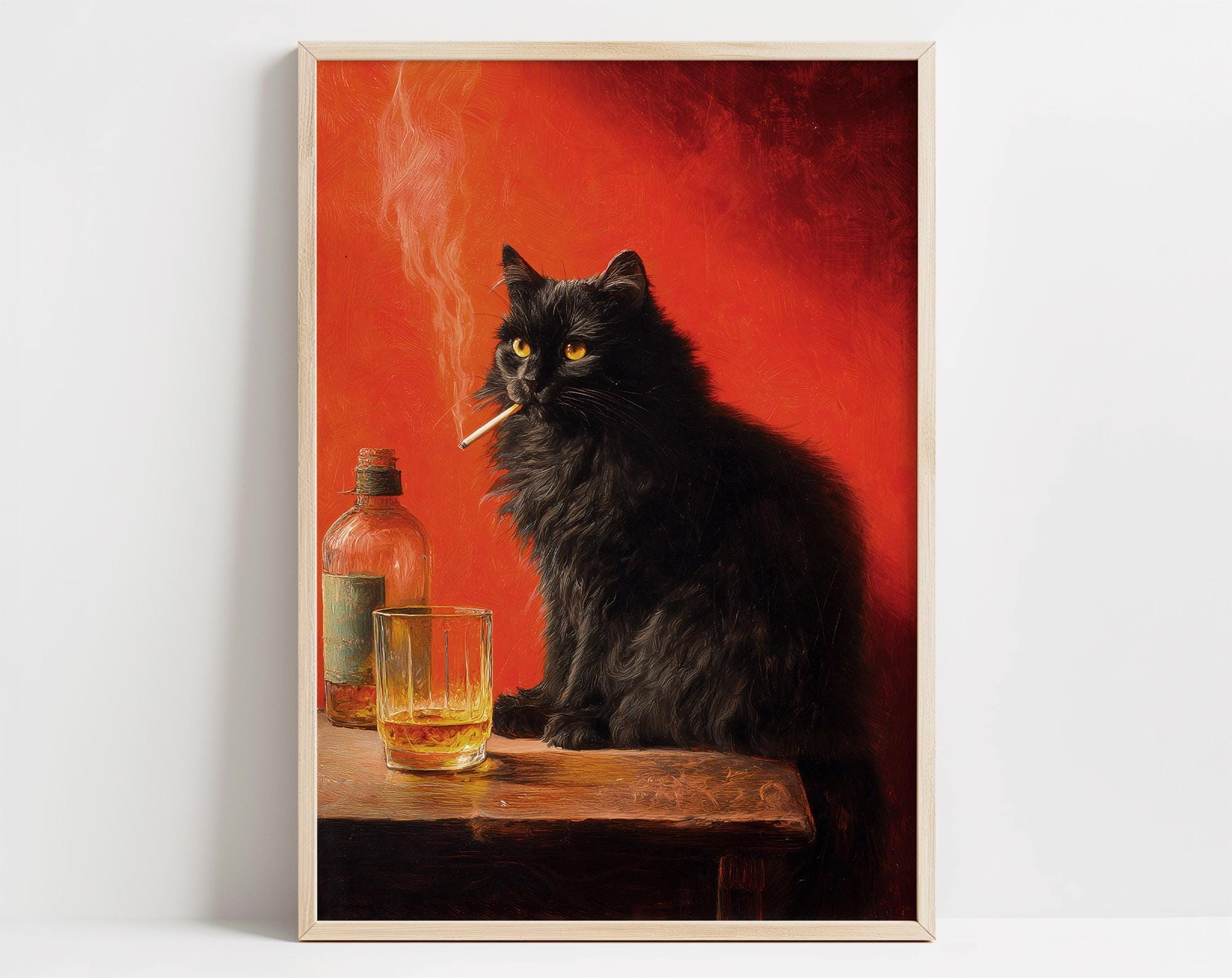 cat smoking cigarette poster Black a Print Vintage Oil Painting Funny Animal Art Whimsical Wall Art for Bar Cart Quirky Kitchen Wall Decor Vintage Black Cat Smoking Cigarette