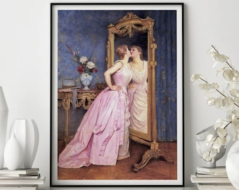 Vintage Woman in Mirror Print, Antique Fashion, Trendy Wall Decor
