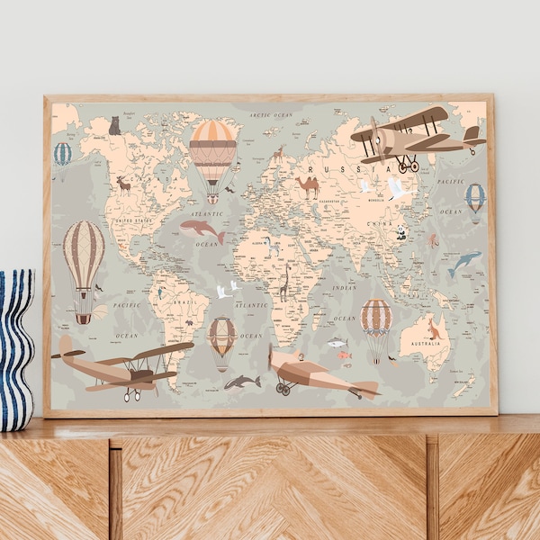 Educational World Map, Kids Wall Art, Kids World Map, Nursery Decor, Illustrated World Map Decor, Kids Poster print, Wall Art