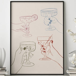 Cheers Glass Print, Wine Poster, Bar Cart Print, Wall Art, Funky Art, Handdrawn art, Wine Decor, Retro Print